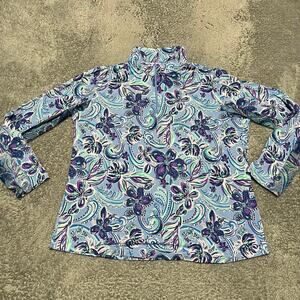 IBKUL Long Sleeve Shirt Womens XL Blue Floral Print Pullover Mesh Golf Tennis